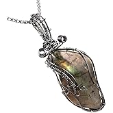 TUMBEELLUWA Labradorite Necklace Irregular Shape Wire Wrapped Quartz Crystal Pendant with Chain Healing Stone Jewelry