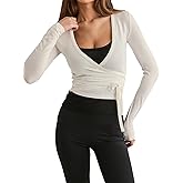 Women Ballet V Neck Wrap Top Workout Athletic Pilates Tie Front Long Sleeve Shirt Y2k Yoga Cross Wrap Fairy Blouse