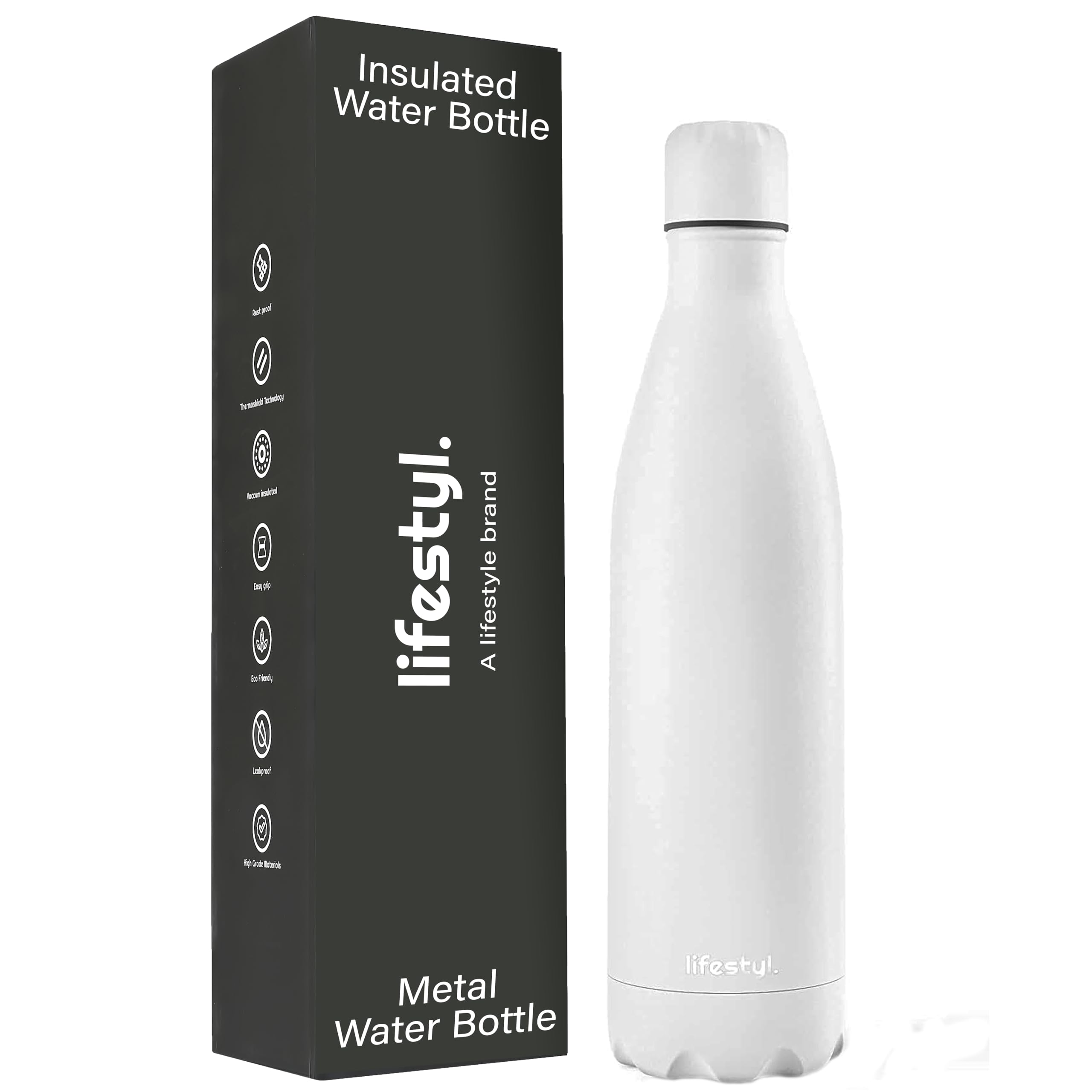 Lifestyl Stainless Steel Water Bottle | 24 Hrs Cold & 12 Hrs Hot| Thermoshield Technology Vacuum Insulated Metal Water Bottles, Leak-Proof Drinks Bottle for Gym (White, 1000 ml)