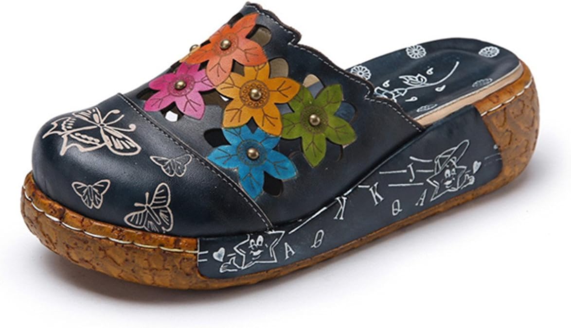 CrazycatZ Women's Leather Floral Mule Sandals - Hand-Painted Slip-On Loafers With Wedge Heel