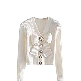 Verdusa Women's Elegant Pearl Bow Button Front T Shirt Long Sleeve V Neck Ribbed Knit Tee Tops