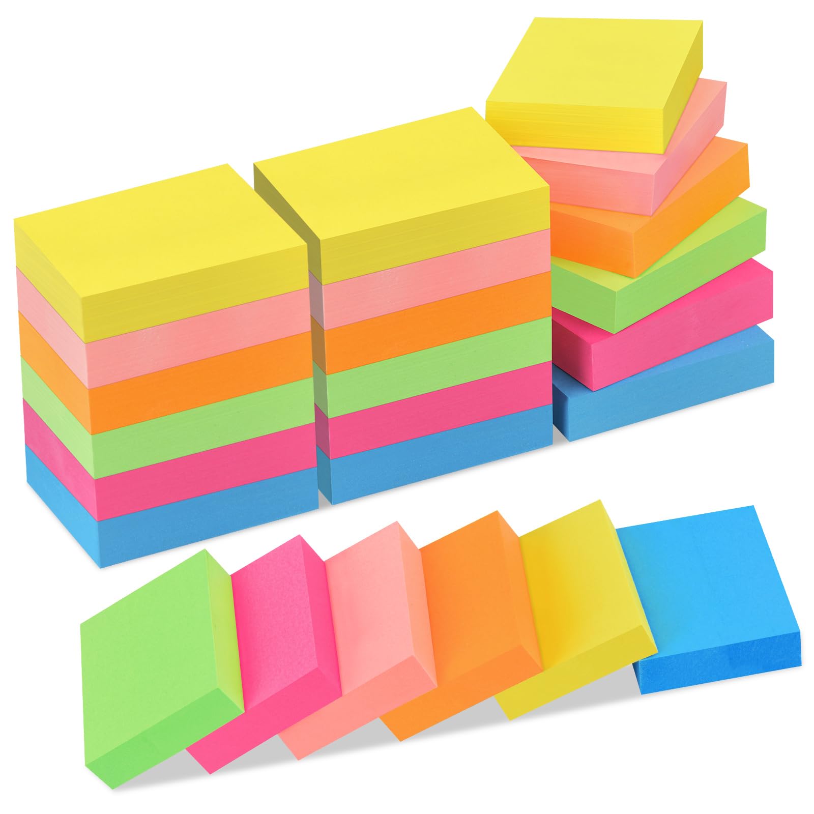 ZCZN 38 x 51 mm Sticky Notes, 6 Neon Color Self-Stick Memo Note Pads, 100 Sheets/Pad, Small Size, 24 Pads