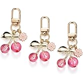 SWJEWEL Pink Cherry Keychain 3PCS Set With Flower Leaf Clear Cherry Blossom Shaped Key Chain for Women Bag Charm Car Key Ring Pendant Purse Backpack Handbag Decoration