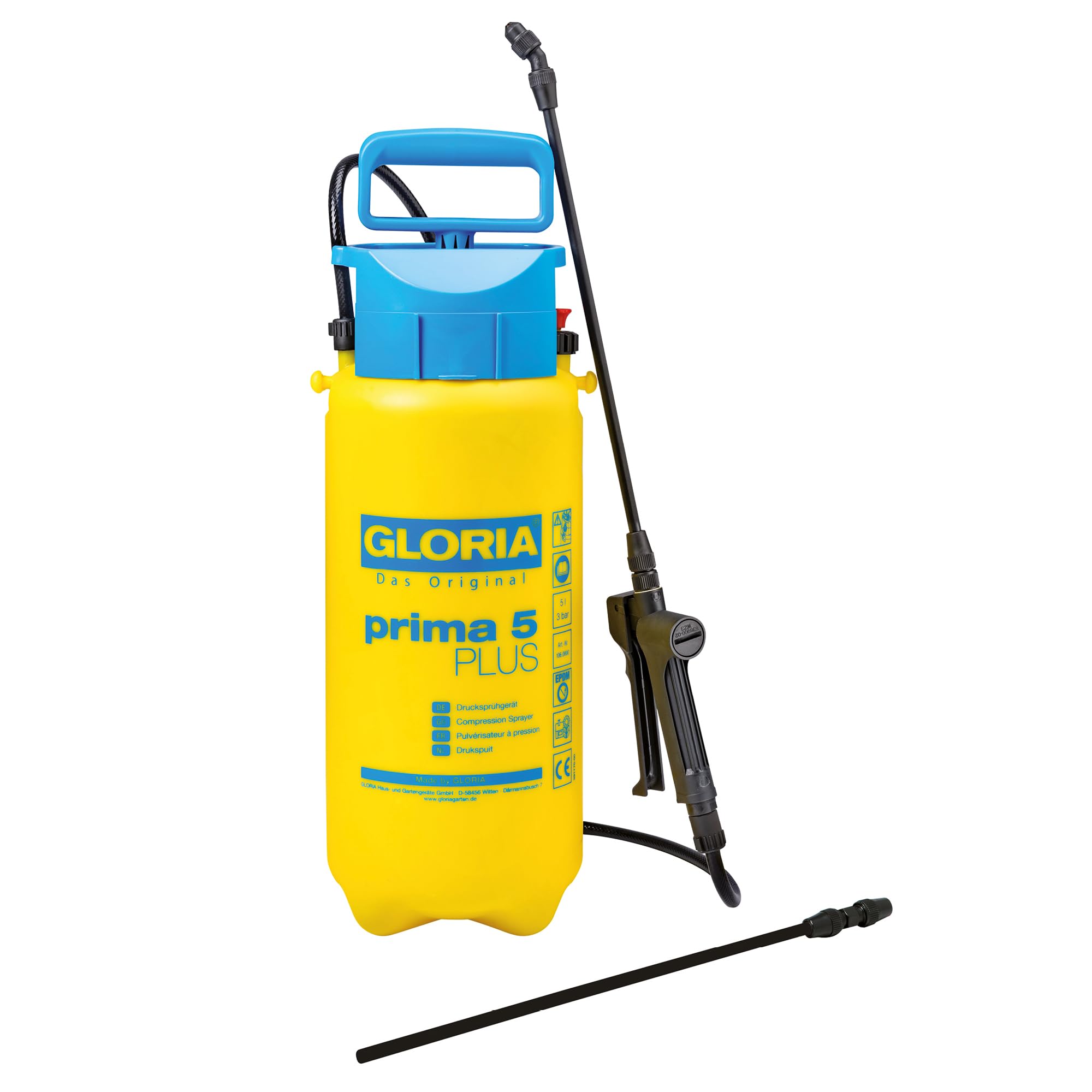 GLORIA Prima 5 PLUS Pressure Sprayer | Garden Sprayer | 5 Litre Capacity | For the Spraying of Acetic Acid | Acid-Resistant | 0.4 m Extension Lance