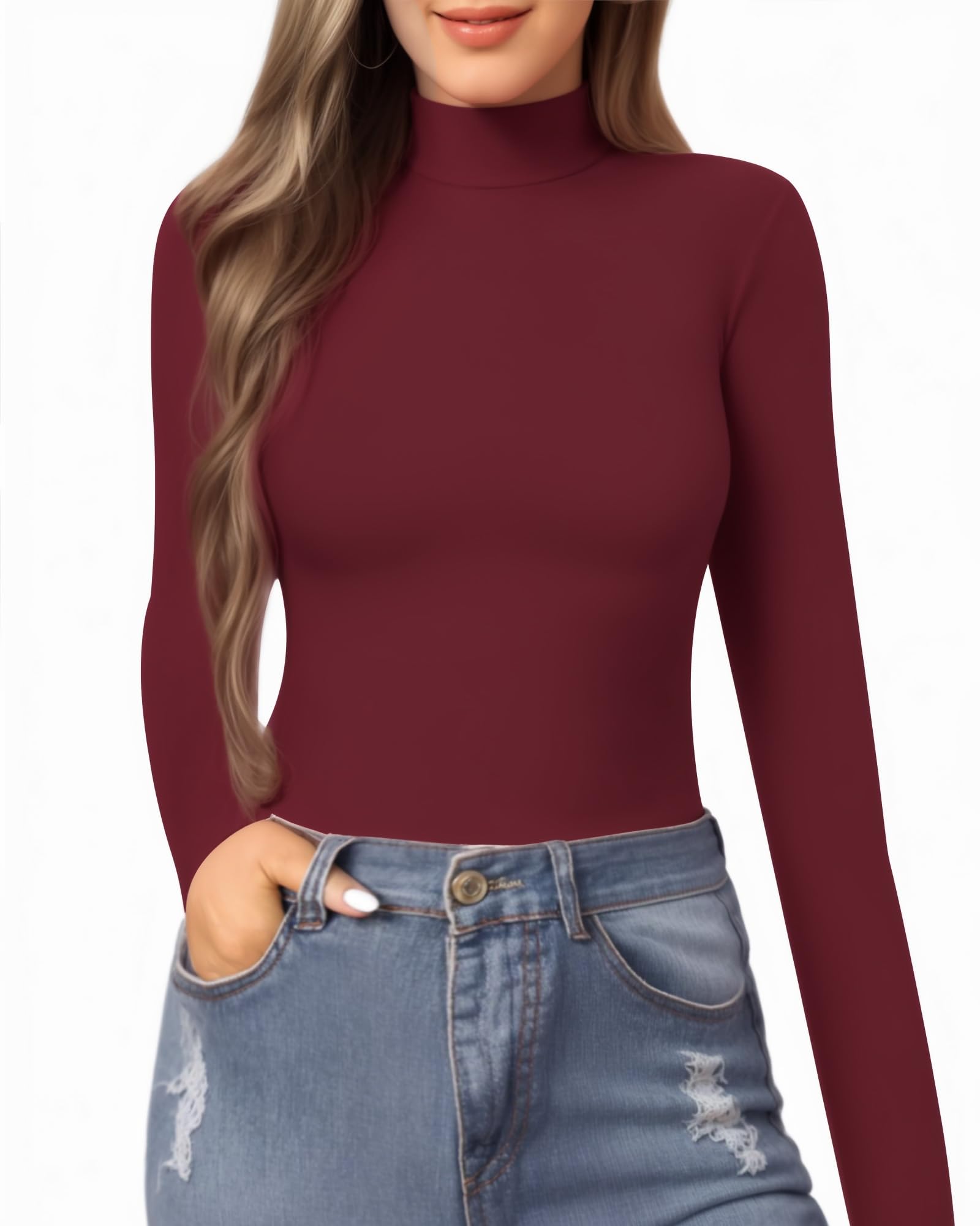 Photo 1 of (small) MANGOPOP Women's Mock Turtle Neck Slim Fit Long Sleeve T Shirt Tight Tops Tee Burgundy