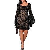 WDIRARA Women's Plus Size Floral Jacquard Long Bell Sleeve Sweetheart Neck Tie Backless A Line Mini Dress