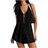 SHENHE Women's Linen Short Sets 2 Piece Y2K Outfits Backless Tie Front Halter Top and Shorts Set
