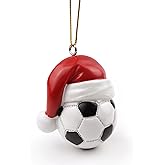 Needzo Soccer Ball with Santa Hat Ornament, Christmas Tree Sports Accessory, Gold String, 2.5 Inches