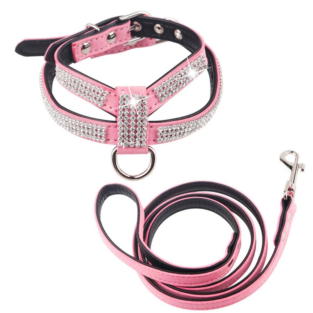 Dogs Kingdom Full Rhinestone Crystal Pet Dog Harness Leash Set Customized Rhinestone Puppy Small Dog Chihuahua Harness Leash 2Pcs Pink M
