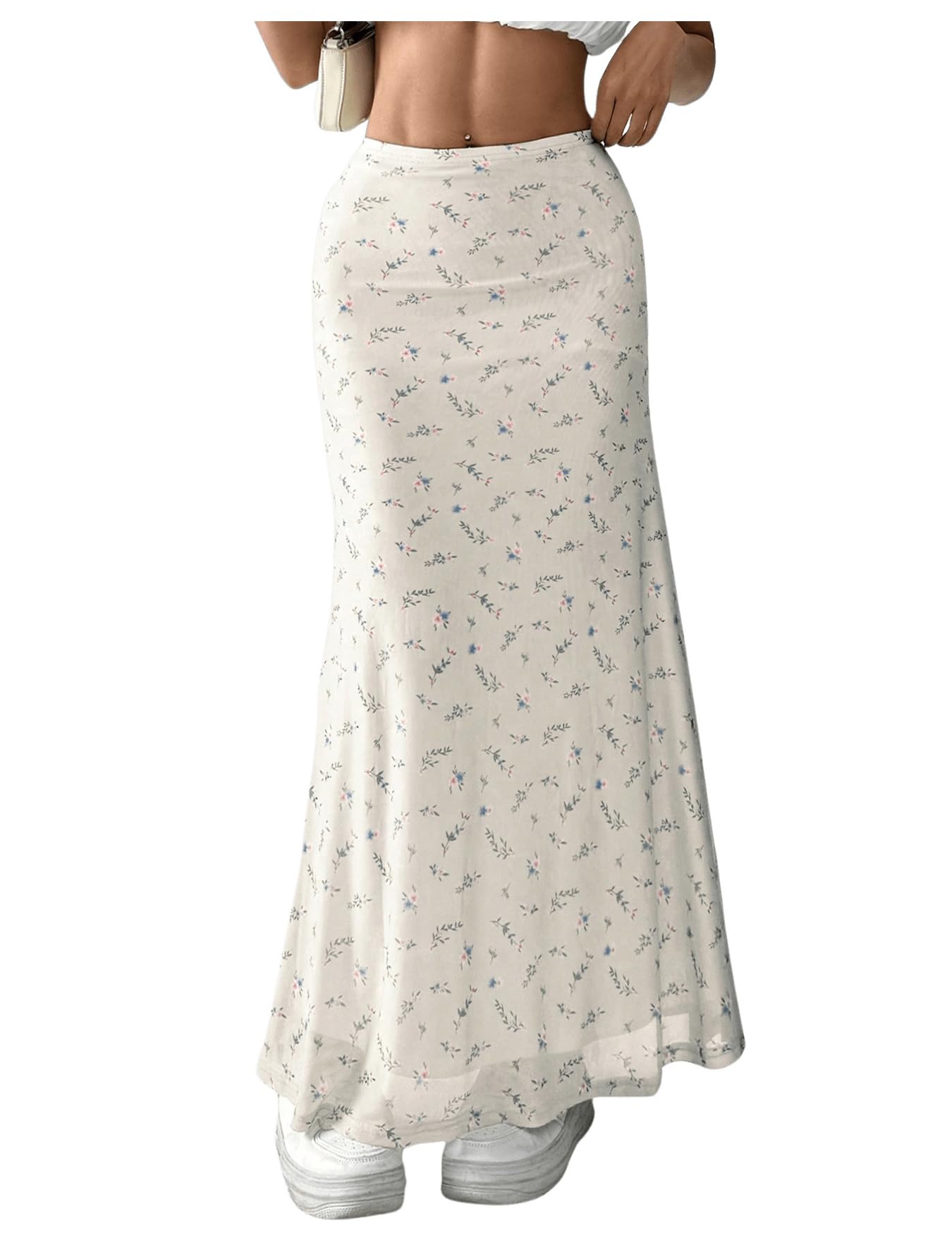 Photo 1 of GORGLITTER Women's Floral Flowy Maxi Skirt Low Waisted A Line Mesh Long Skirts Summer Outfits Apricot Medium