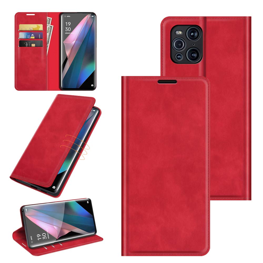 ROVLAK Case for OPPO Find X3 Pro Magnetic Wallet Flip Cover with Card Slot Shockproof PU Leather Case+Inner TPU Silicone Case with Stand Cover for OPPO Find X3 Pro Smartphone,Red