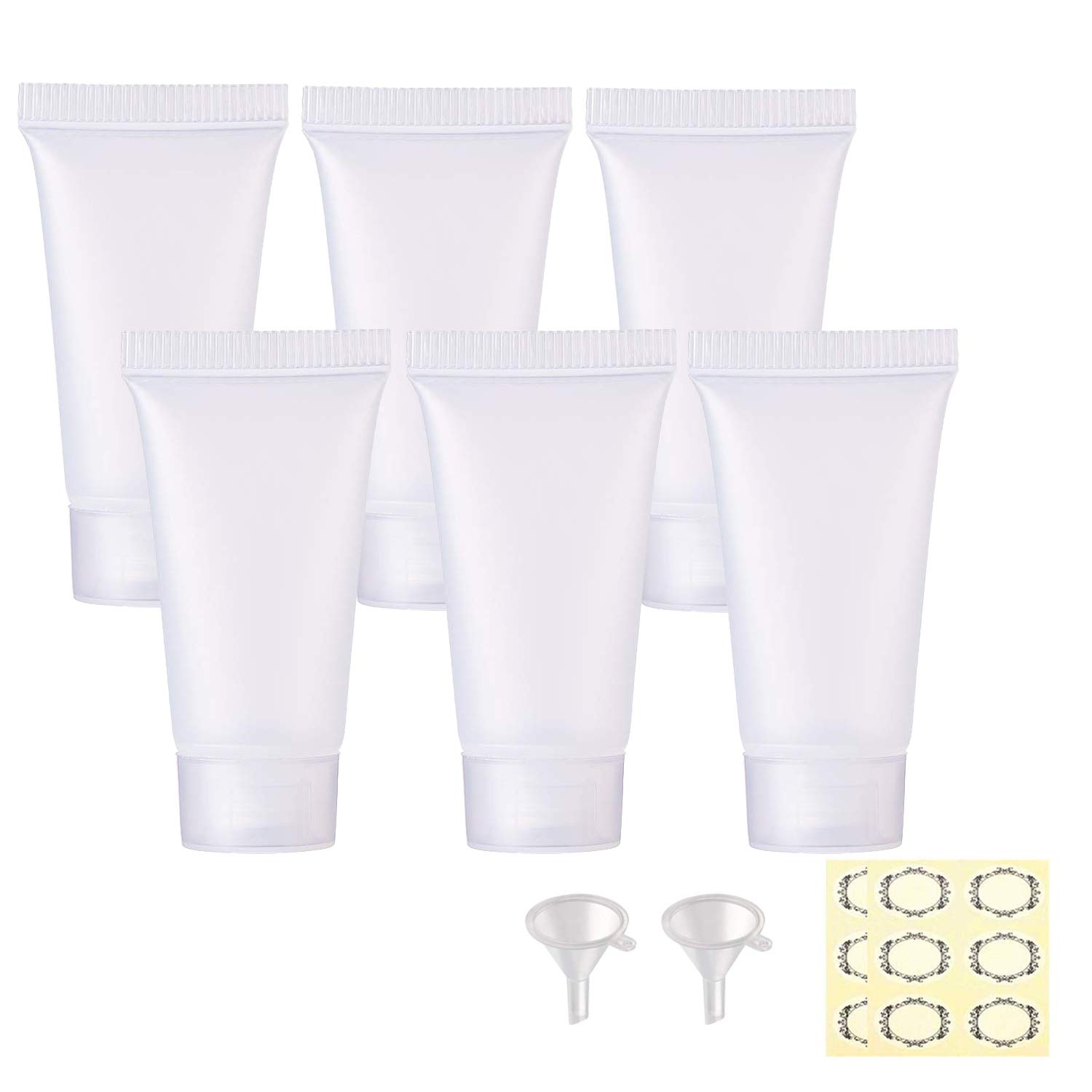 Alledomain 6Pcs 30g/30ml Empty Squeezable Soft Plastic Tubes Refillable Cosmetic Sample Vial Container with Flip Caps for Cream Shampoo Cleanser Shower Gel Lotion - Include Funnel Label