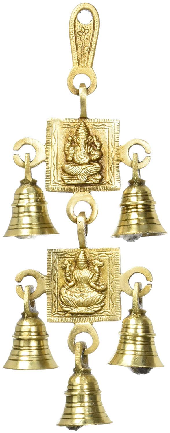 Indian Accent Brass Hanging Bell Hindu God Ganesha and Goddess Laxmi Ji Statue (5 Hanging Bell)