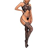 Womens Sexy Body Stockings Fishnet Lingerie Lace Mesh Bodysuit Sleeveless Hallow Out Rave Outfit One Piece Babydoll Jacquard