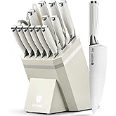 BRODARK Kitchen Knife Set with Block and Sharpener – 15-Piece Ultra Sharp White Knife Set Full Tang Stainless Steel Knife Block Set with Ergonomic Handle – Christmas Gift, Roman Series