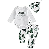 Santikisler Newborn Baby Boy Outfit First Christmas Tree Print Long Sleeve Romper Jumpsuit and Pants Hat 3Pcs Clothes