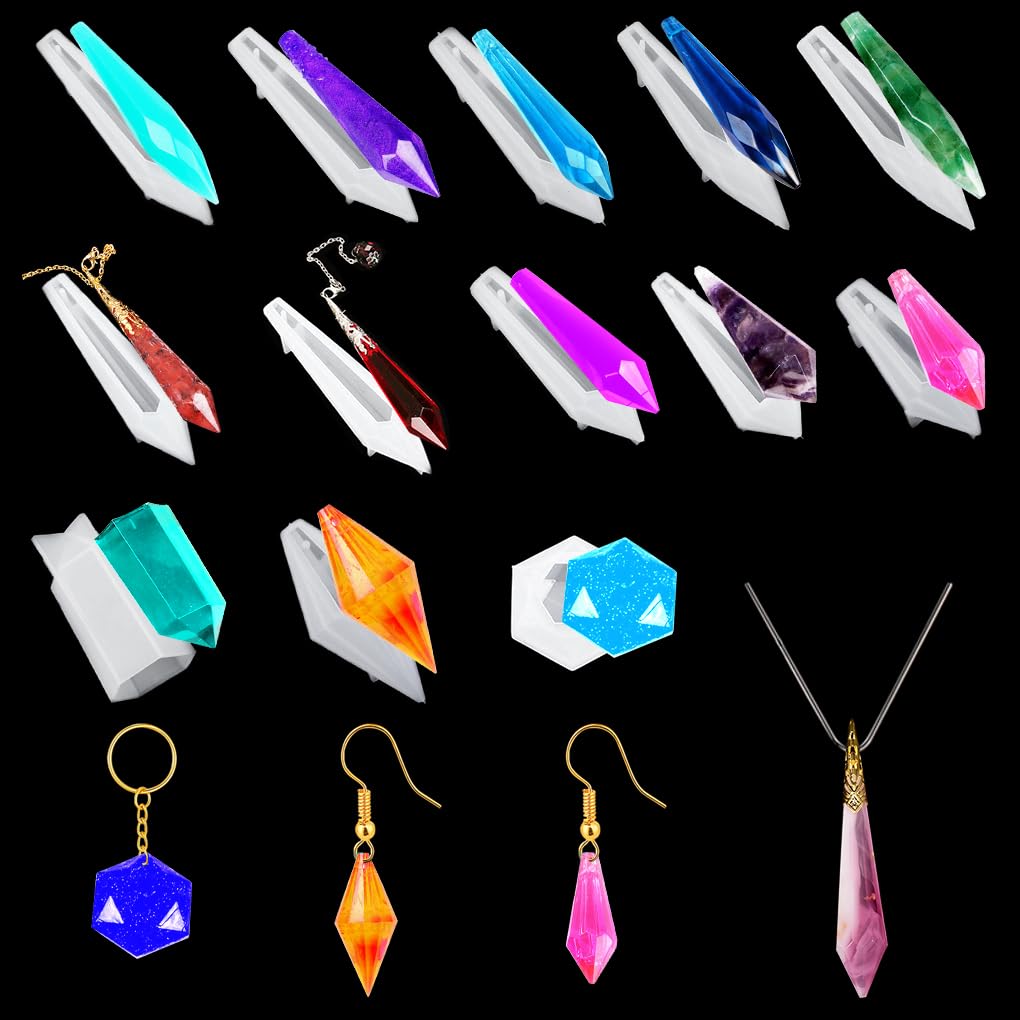 FineInno 13pcs Pendulum Resin Molds Gemstone Silicone Mould Crystals Point Jewellery Casting Molds Necklace Mould DIY Cone Lucky Charm Pendant