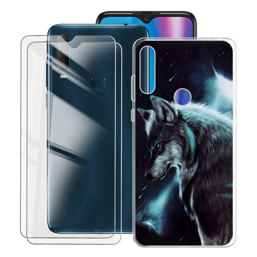 KJYF Protective Case Transparent Bumper Cover TPU + 2 Pieces Tempered Glass Screen Protector for Alcatel 1S 2020 (6.22") Film Tempered Glass Film + Silicone Shell Case Mobile Phone Case - Loneler Wolf