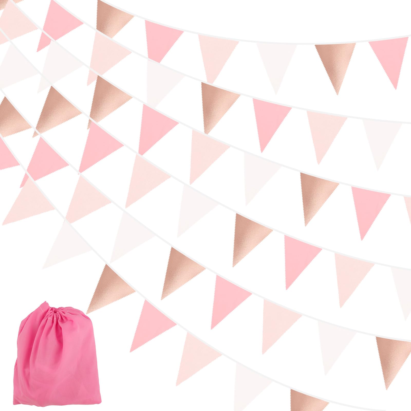 39Ft Dusty Pink Rose Gold Fabric Bunting Garland, 42 Flags Double Sided Cotton Triangle Flags with Storage Bag for Birthday, Christening, Wedding, Baby Shower, Garden Party Decorations