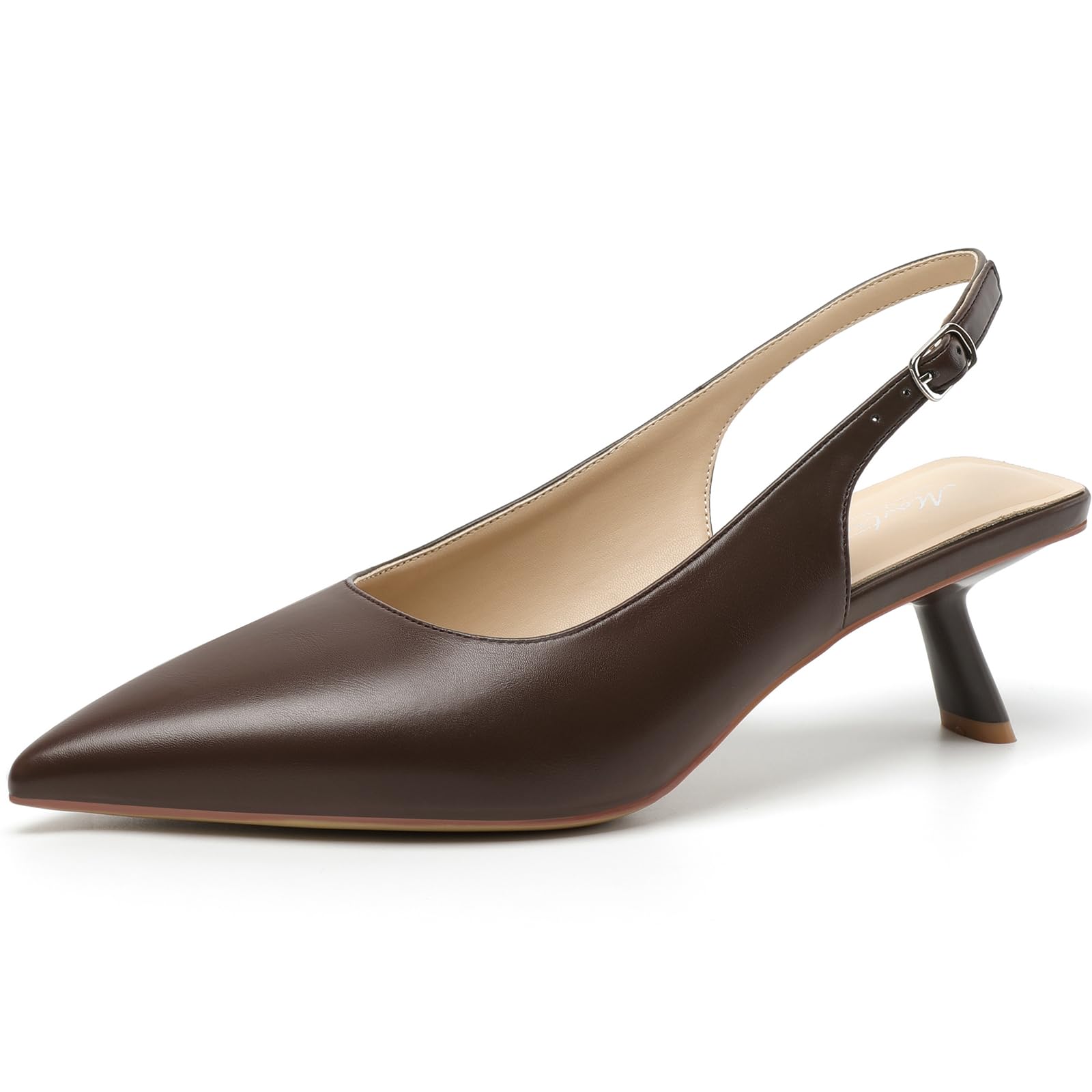 Mostrin Dark Brown Kitten Heels for Women Sexy Pointed Toe Slingback Low Heels Dressy Pumps Shoes for Party Size 10 Image