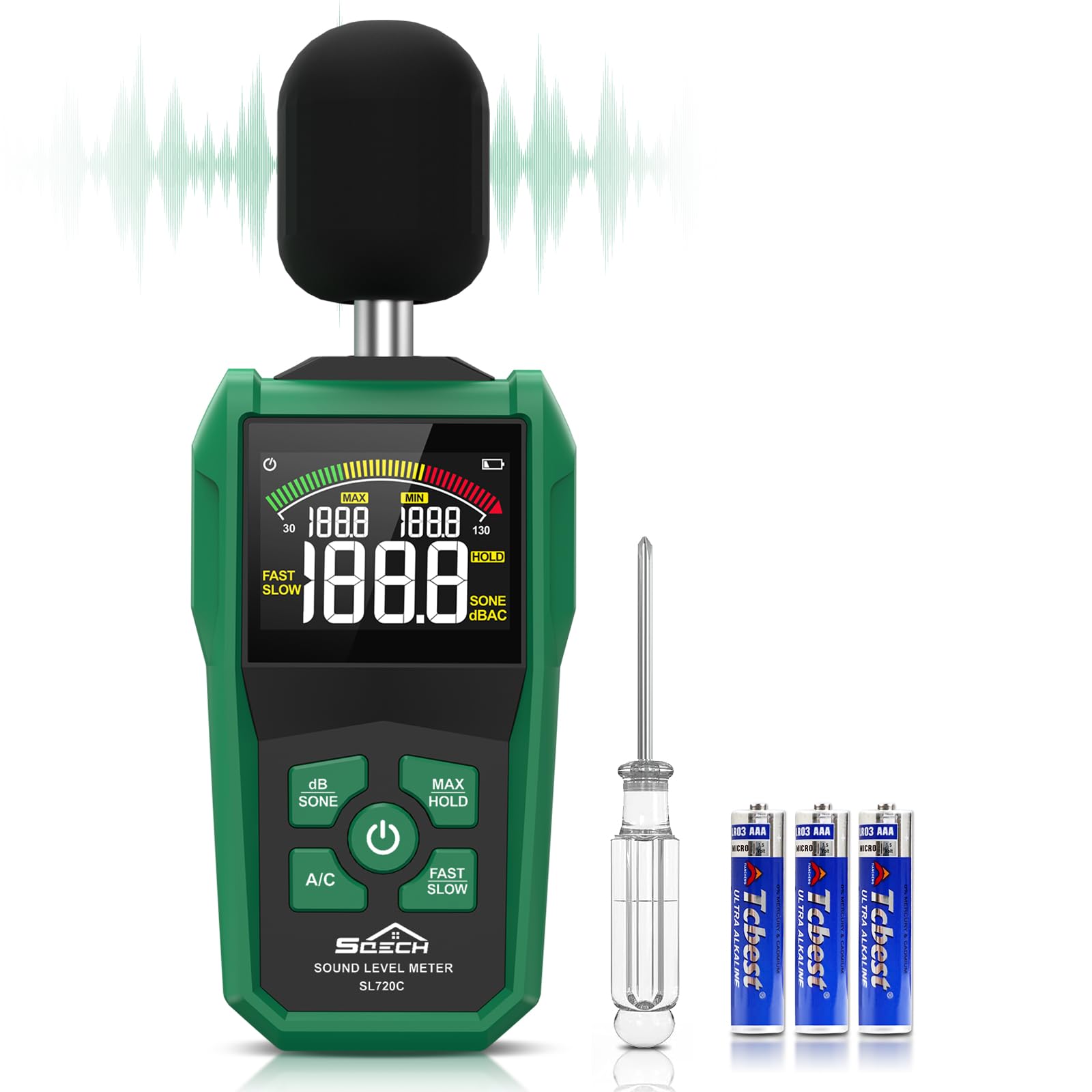 Photo 1 of Decibel Meter,SQECH Digital Sound Level Meter with Color Backlit Screen,Portable SPL Meter with A/C Weighted,dB/SONE Unit,Fast/Slow Response,MAX/MIN,Data Hold,Range 30-130dB,for Home/Office/Factories