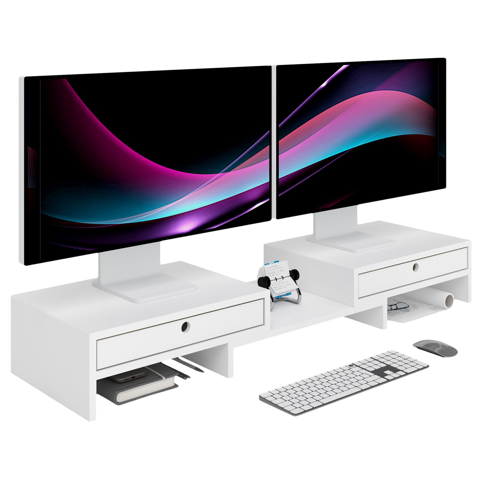 Photo 1 of LAPTAIN Monitor Stand with 2 Drawers, Dual Monitor Stand Riser with Adjustable Length and Angle, Desktop Organizer Stand for Laptop/PC/Computer, No Assembly Required, Solid Wood