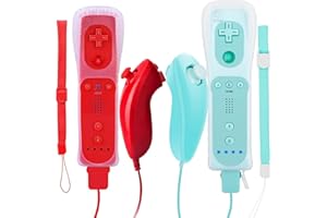 JTao-tec Wii Controller, 2 Packs Wii Controller and Wii Nunchuck for Wii and Wii U Console, with Silicone Case and Wrist Strap (Red + Water Blue)