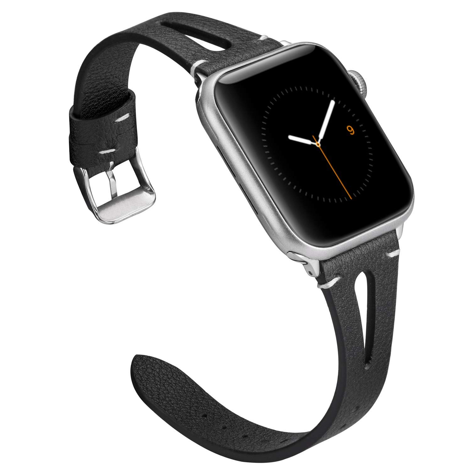 Wearlizer Black Leather Strap Compatible with Apple Watch Strap 41/38/40/42mm iWatch Womens Triangle Hole Wristband Sport Replacement Bracelet (Metal Silver Buckle) SE Series 11 10 9 8 7 6 5 4 3 2 1