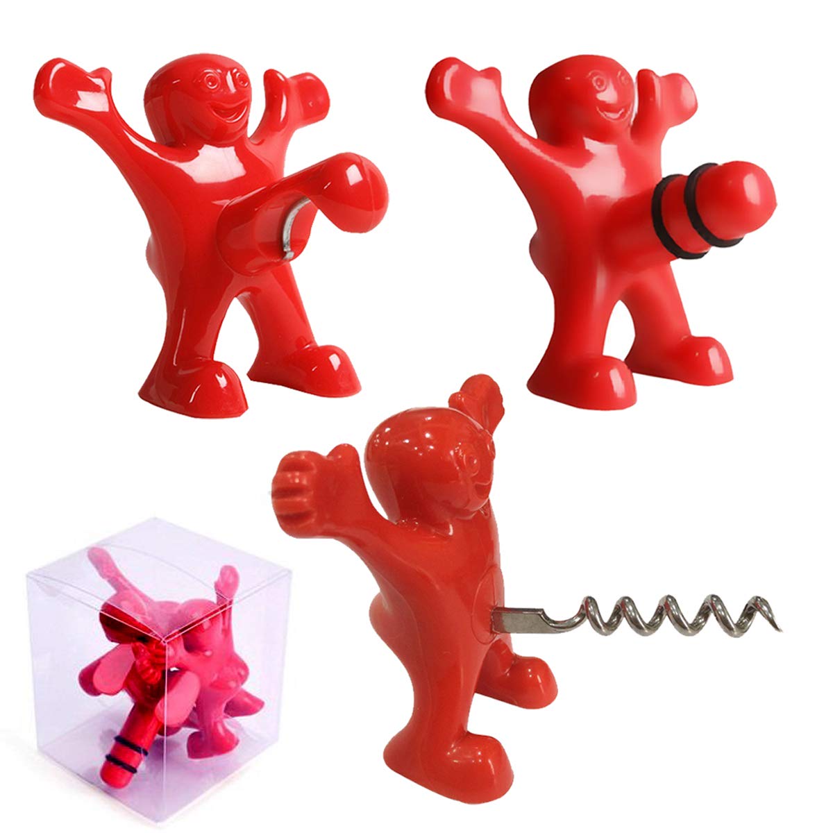 Happy Man Bottle Opener Wine Bottle Stopper - Wine Bottle Corkscrew - Beer Bottle Opener - Gag Gift - 3-and-1 - Wine Sealer - Wine Saver - 3 Packs