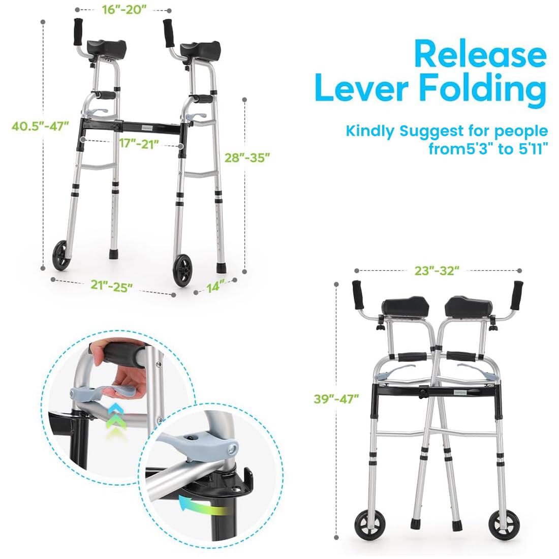 OasisSpace Folding Walker - Standard Walker with 5’’ Wheels and Removable Padded Armrests 300lbs, Platform Walker with Arm Support for Senior, Handicap & Disabled