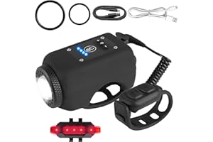 LOTANOP Bike Horn with Light, 110 dB Bike Lights for Night Riding, 4 Light Modes + 5 Sound Modes, IPX5 Waterproof & USB Rechargeable Bike Headlight and Tail Light Set