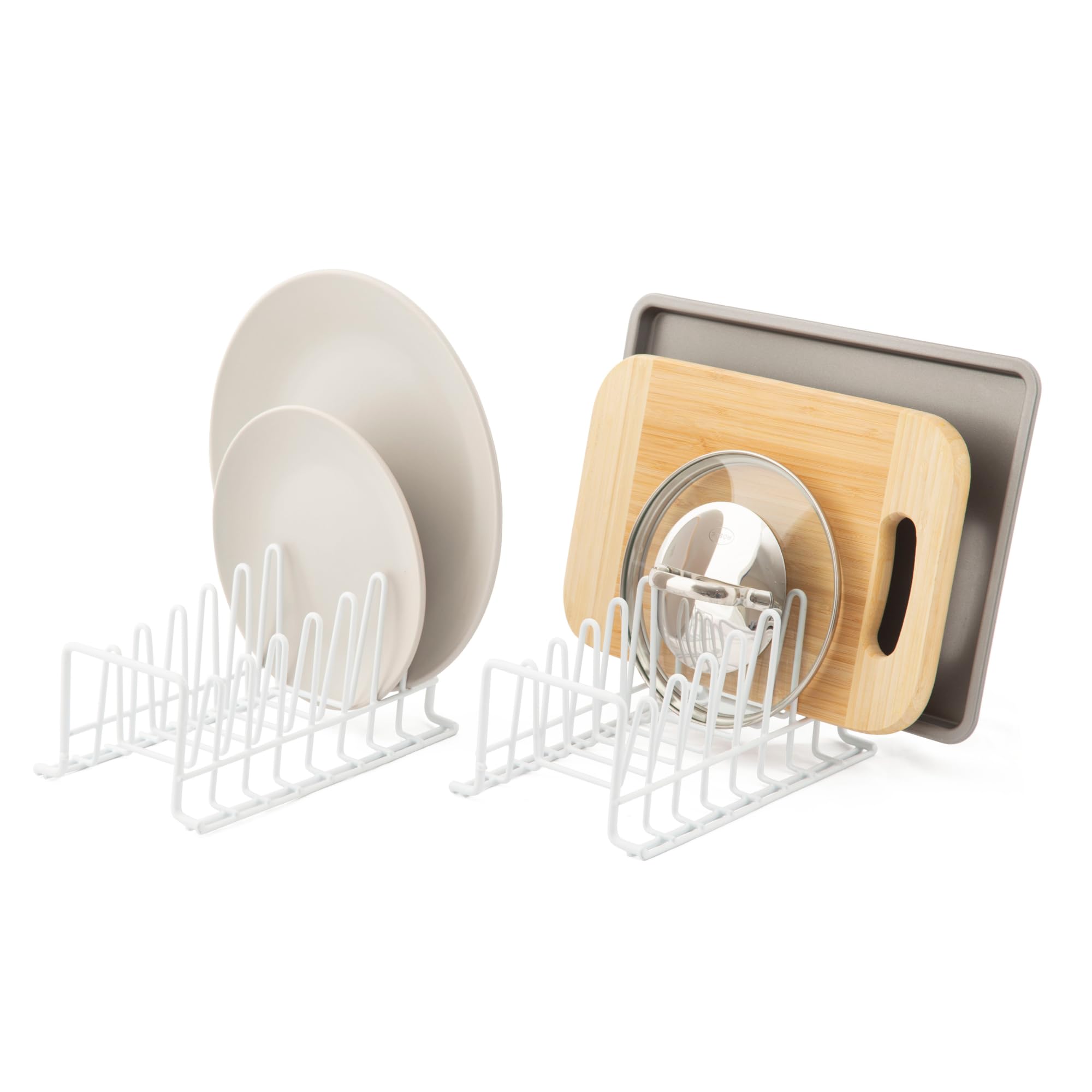 simplywire – Pack of 2 - Plate Rack/Drainer - Kitchen Cupboard Storage Organiser – White Plastic Coated Steel - Small