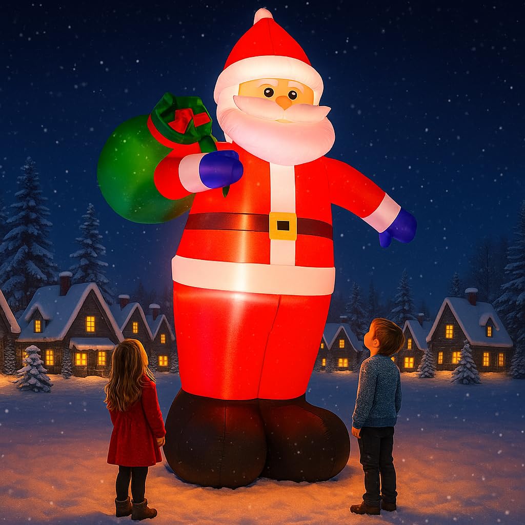 Photo 1 of 12 Feet Giant Christmas Inflatables Santa Claus Outdoor Decorations, Blow Up Huge Santa Claus with Gift Bag, Built-in Bright LED Lights, Xmas Santa Outside Decor for Holiday Party Yard Garden Lawn