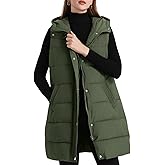 Flygo Long Puffer Vest Women Hooded Sleeveless Winter Jacket Button Zip Up Quilted Vest Padded Outerwear