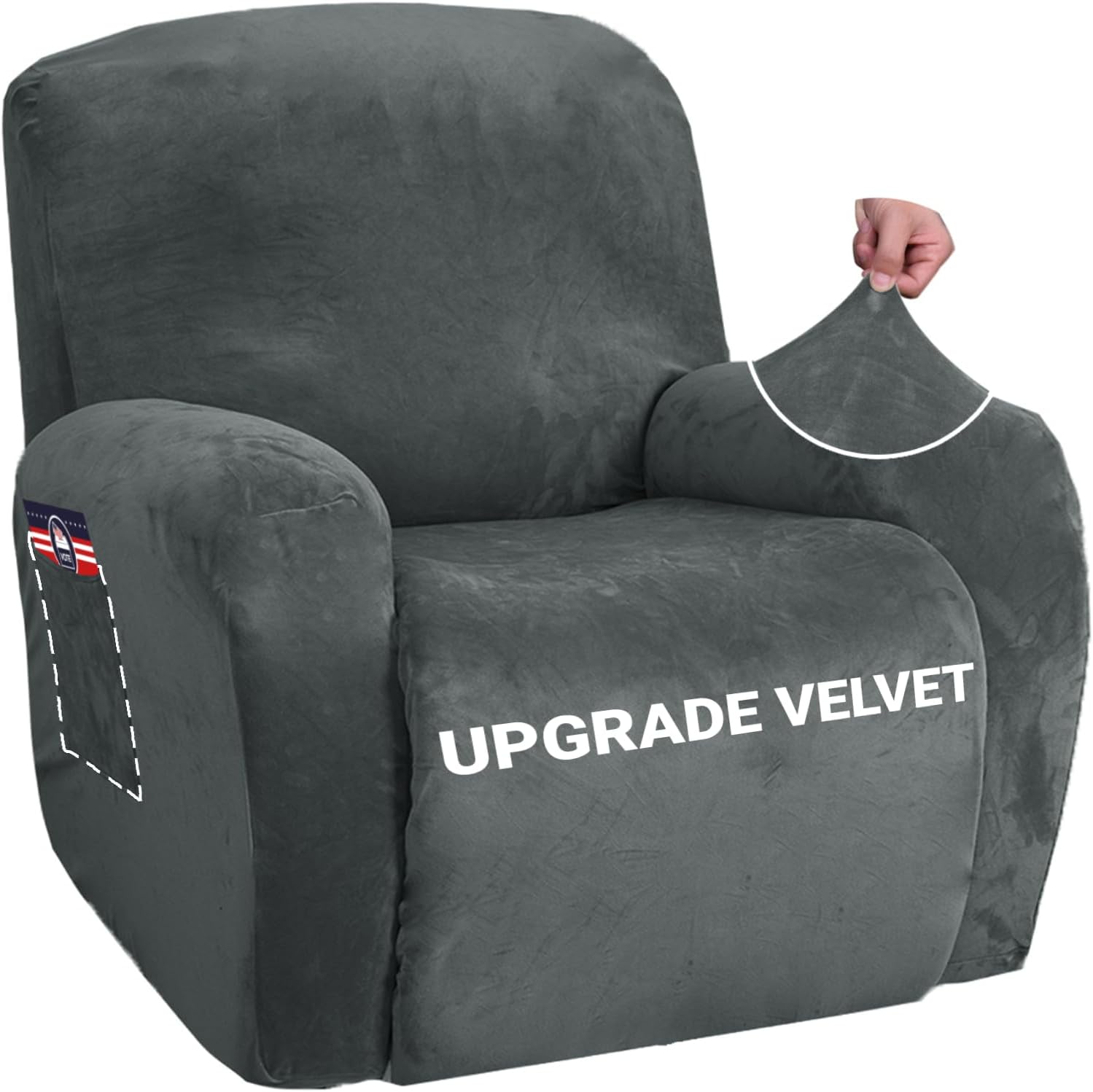 Slipcovers - ZNSAYOTX Stretch Velvet Recliner Covers 4-Pieces, Thicker Soft Plush Recliner Chair Slipcover with Side Pockets, Washable Luxury Dog Cat Pets Proof Reclining Protector (Recliner, Grey)