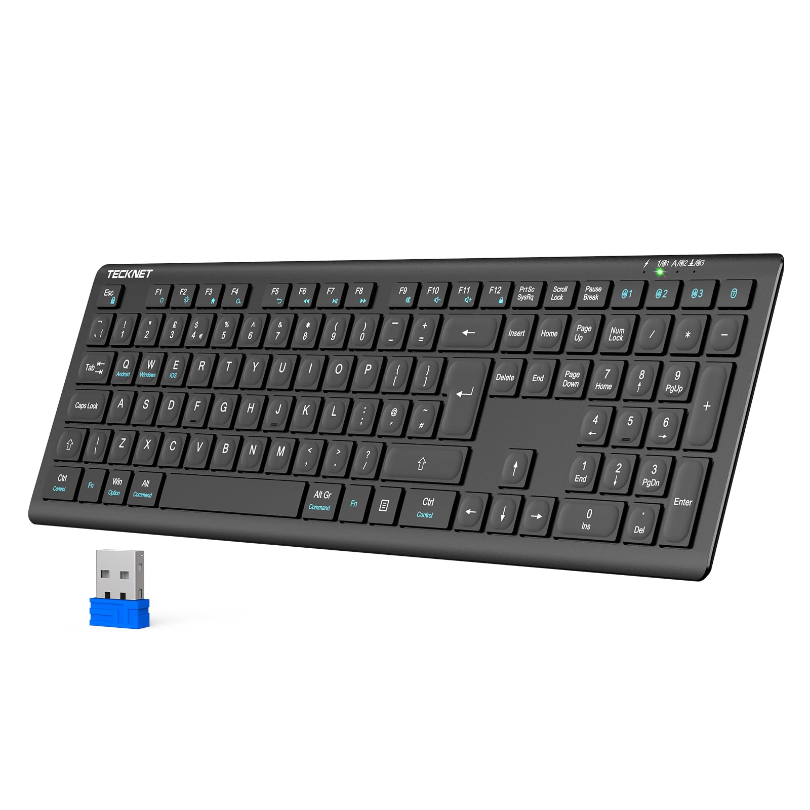 Photo 1 of TECKNET Bluetooth Keyboard Rechargeable, 4-Device Free Switching (2.4G+BT), Ultra-Slim Full Size Wireless Keyboard, Quiet Typing, for PC/Laptop/Smart TV/Phone, Adjustable Stand, 12 Multimedia Keys