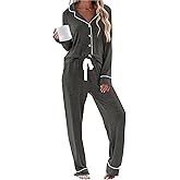 Womens Long Sleeve Pajamas Set Soft Sleepwear Shirt and Long Pants Pj Lounge Sets Button Down Nightwear with Pockets