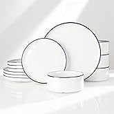 Famiware Porcelain Dinnerware Set, 12-Piece Modern Plate and Bowl Set, Dish Set for 4, Microwave and Dishwasher Safe Tableware, White with Blue Trim