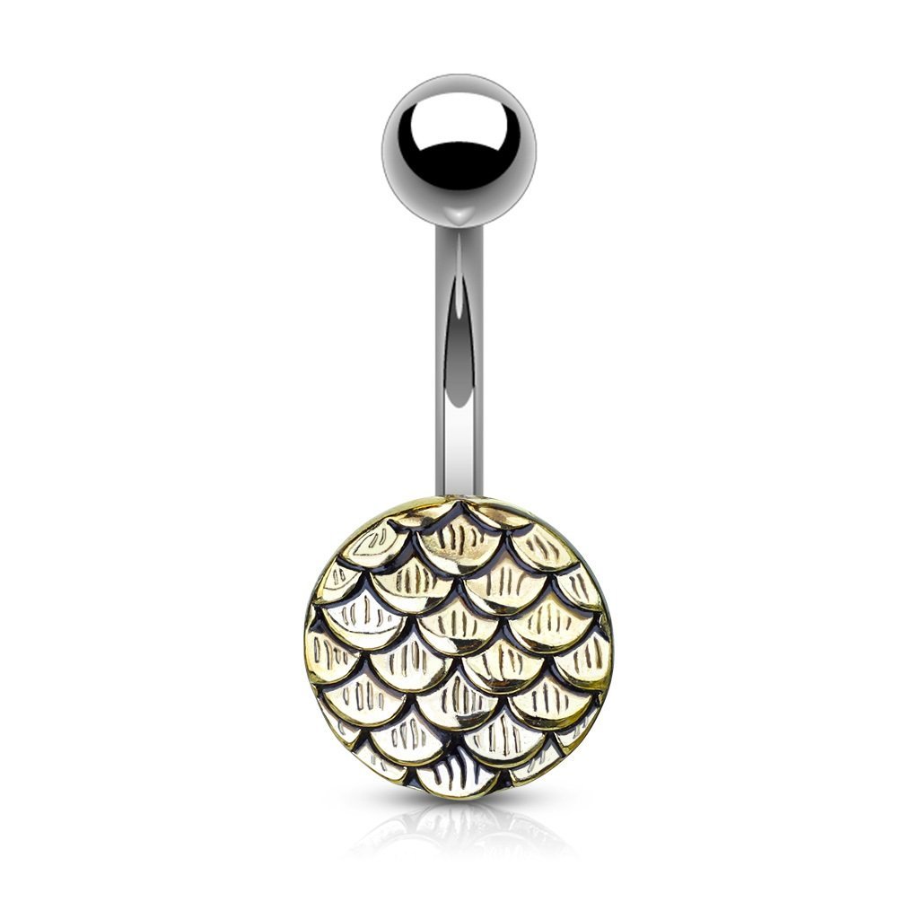 PiercedOff Gold Tone PVD over 316L Surgical Steel Belly Bar with Casted Steel Fish Scales