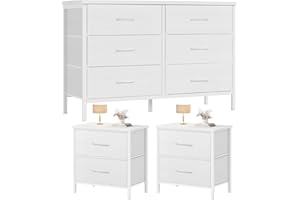 KAI-ROAD Dresser and Nightstand Set 3 Piece White Dresser with 6 Fabric Drawers for Bedroom Sets Modern
