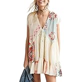 Women Y2k Floral Ruffle Mini Dress Boho V Neck Puff Sleeve Short Dress Flowy Patchwork Babydoll Dresses