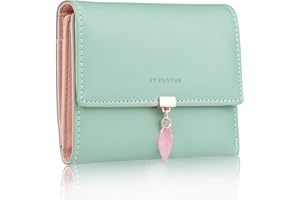 FT FUNTOR RFID Wallets for Women, Leaf Card Holder Trifold Ladies Wallets Coins Zipper Pocket with ID Window Green