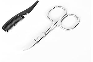 Timoarbe Small Curved Groom Scissor,Mini Mustache Scissor for Men, Beauty Trimmer Scissor for Women Eyebrow,Nose hair, Facial Hair, False Lash, Biniki, Cotton Pad- 3.7Inch (Scissor + Mini Comb)