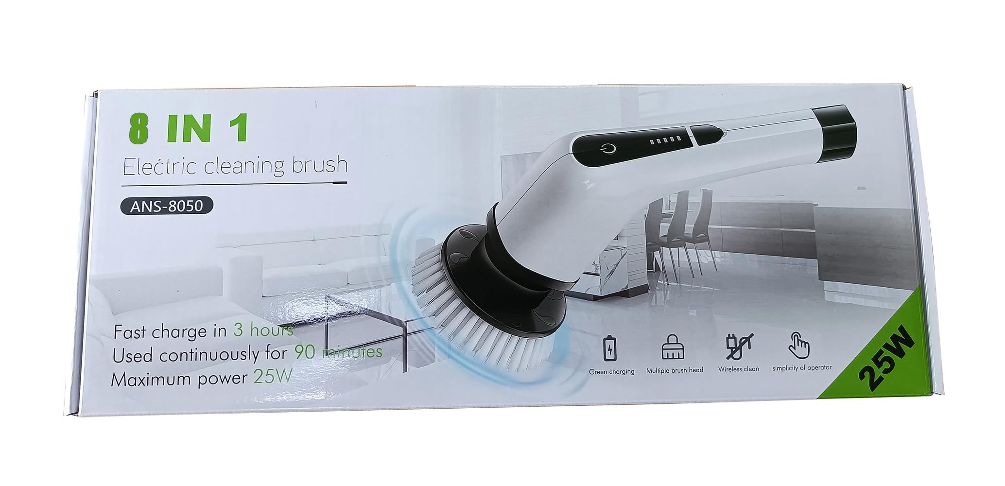 Electric Spin Scrubber, Cordless Bath Tub Power Scrubber with 8 Replaceable Drill Brush Heads, Shower Cleaning Brush with Adjustable Handle for Bathroom, Tile Floor & Car, White, (ANS-8050)