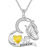 Aurora Tears Birthstone Love Heart Butterfly Pendant Necklace - 925 Sterling Silver Firework-Cut Cubic Zirconia Love Forever Necklace Anniversary Birthday Jewelry Gift for Women Wife Mom Daughter