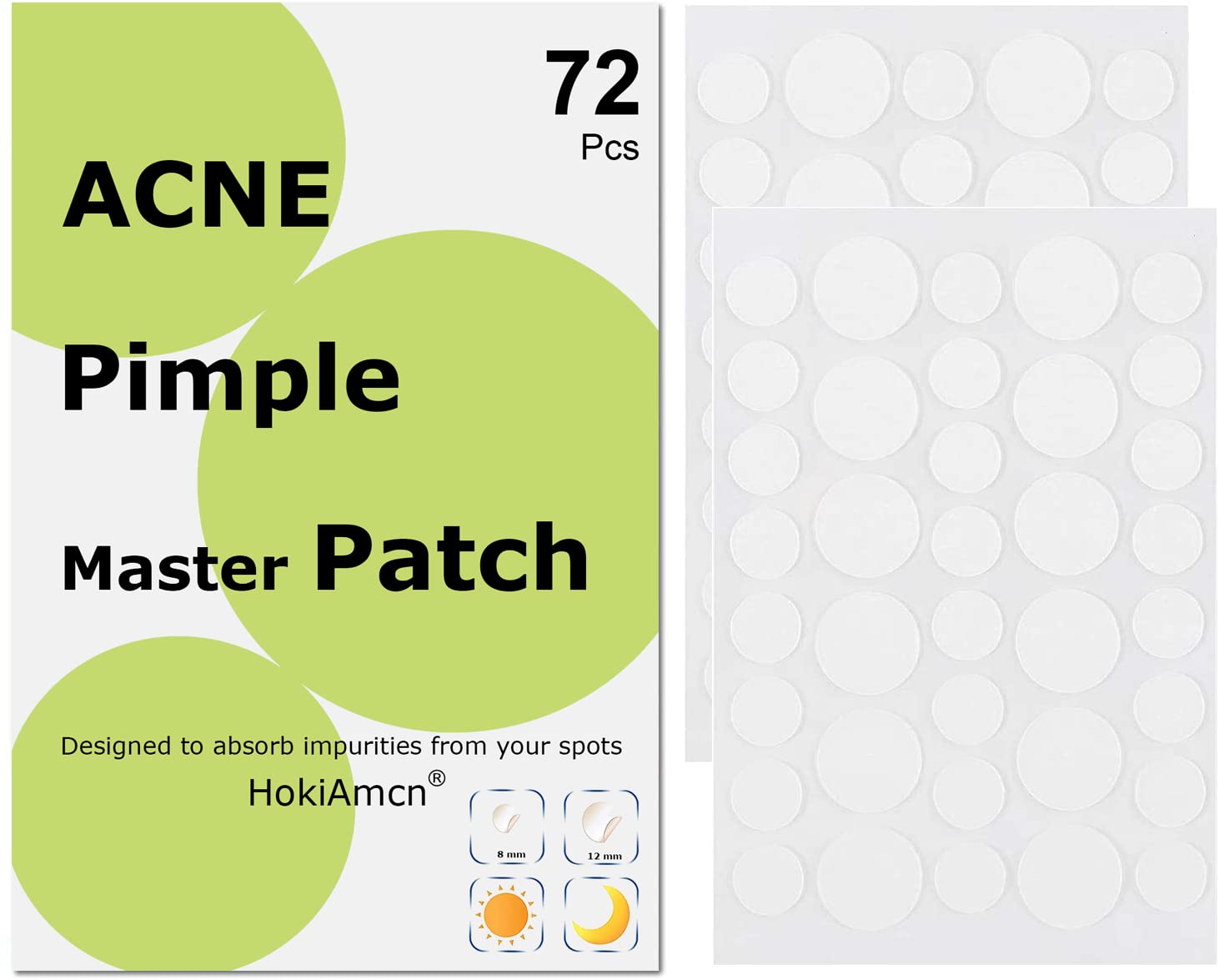 Acne Pimple Patches 72PCS Hydrocolloid Patches 1.5% Salicylic Acid and Niacinamide, Blemish Spot, Invisible Spot Patches, 2 Sizes 8mm, 12mm