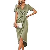 Sexyshine Women's Wrap V Neck Short Sleeve Satin Midi Dress Split Hem Ruched Pleated Formal Evening Party Dresses