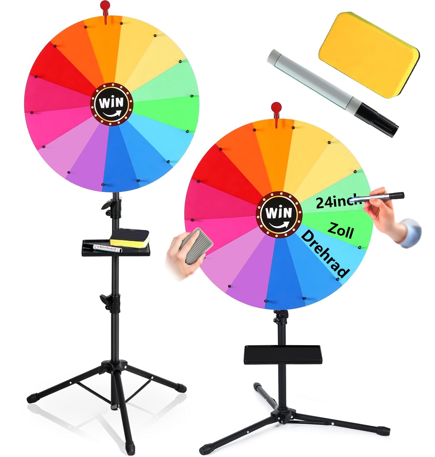 AIYJWXINP 24-inch Spinning Prize Wheel,14 Colors Spinning Doodle Game Spinner,Ajustable 37"-65" Floor Standing Storable Wheel of Fortune with Shelf (Win)