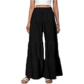 WDIRARA Women's Flowy Boho Elastic High Waist Ruffle Hem Wide Leg Beach Loose Palazzo Pants