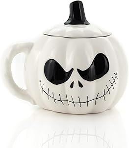 Nightmare Before Christmas Jack Skellington Pumpkin-Shaped Sculpted 24 Oz Ceramic Mug With Lid - Fun Novelty Gift Idea Inspired by Tim Burton’s Creepy Stop-Motion Animated Musical Fantasy Film